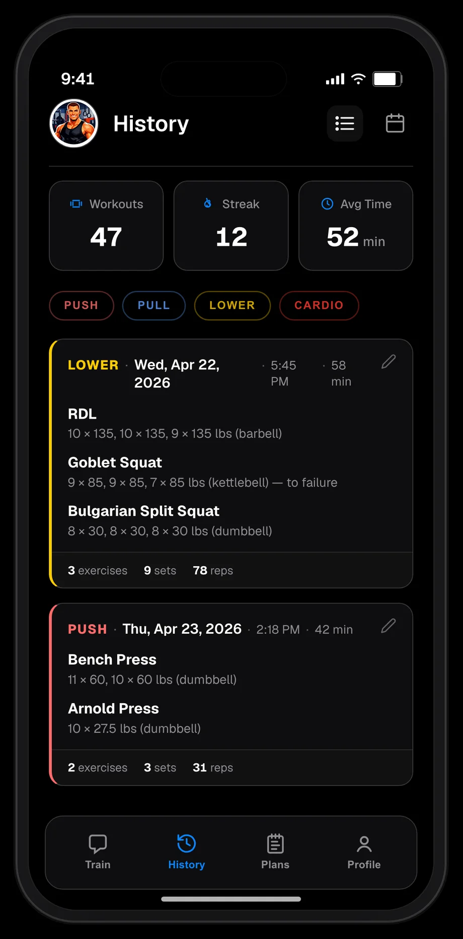 Workout history