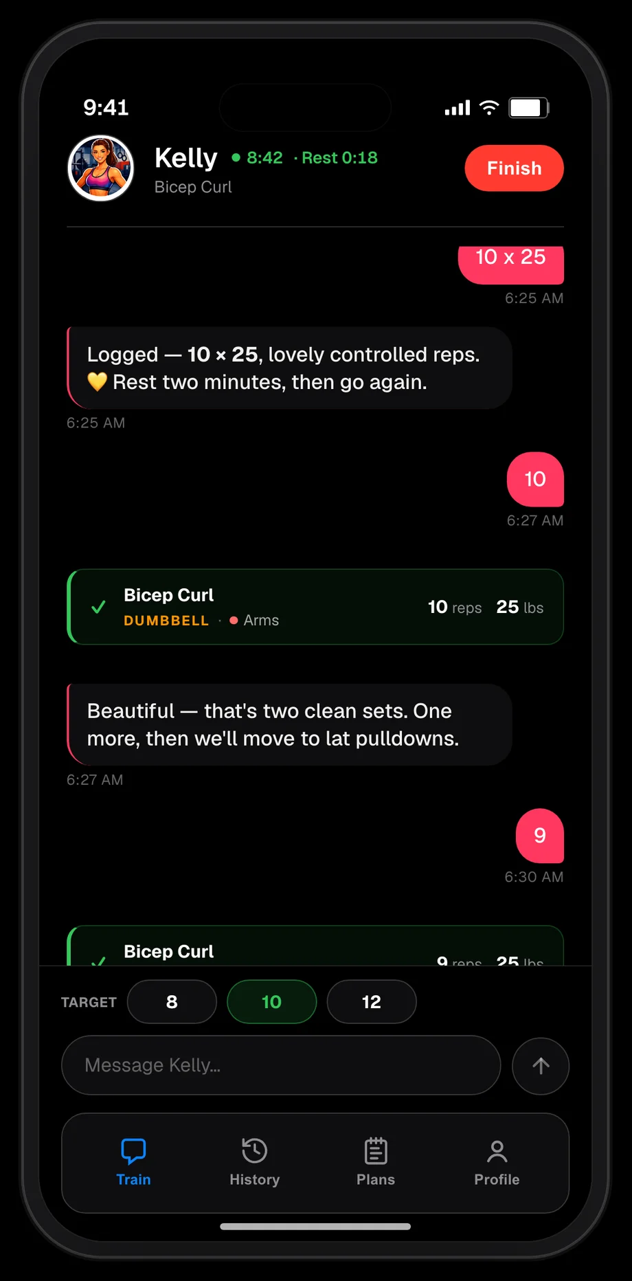 Tap-to-log chips above the chat