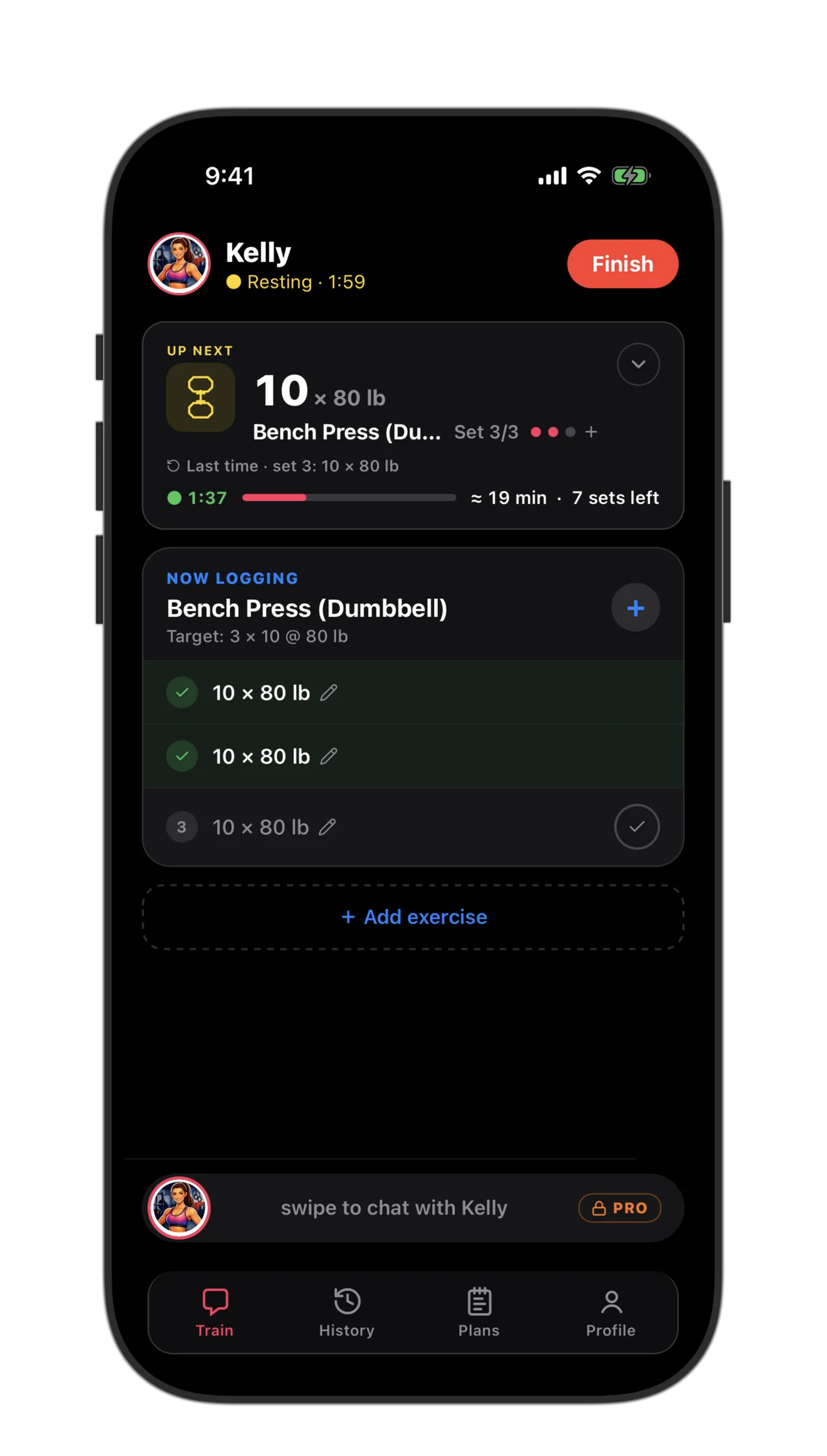 Free tap-logging — logged set cards, rest timer, and last time's numbers pre-filled