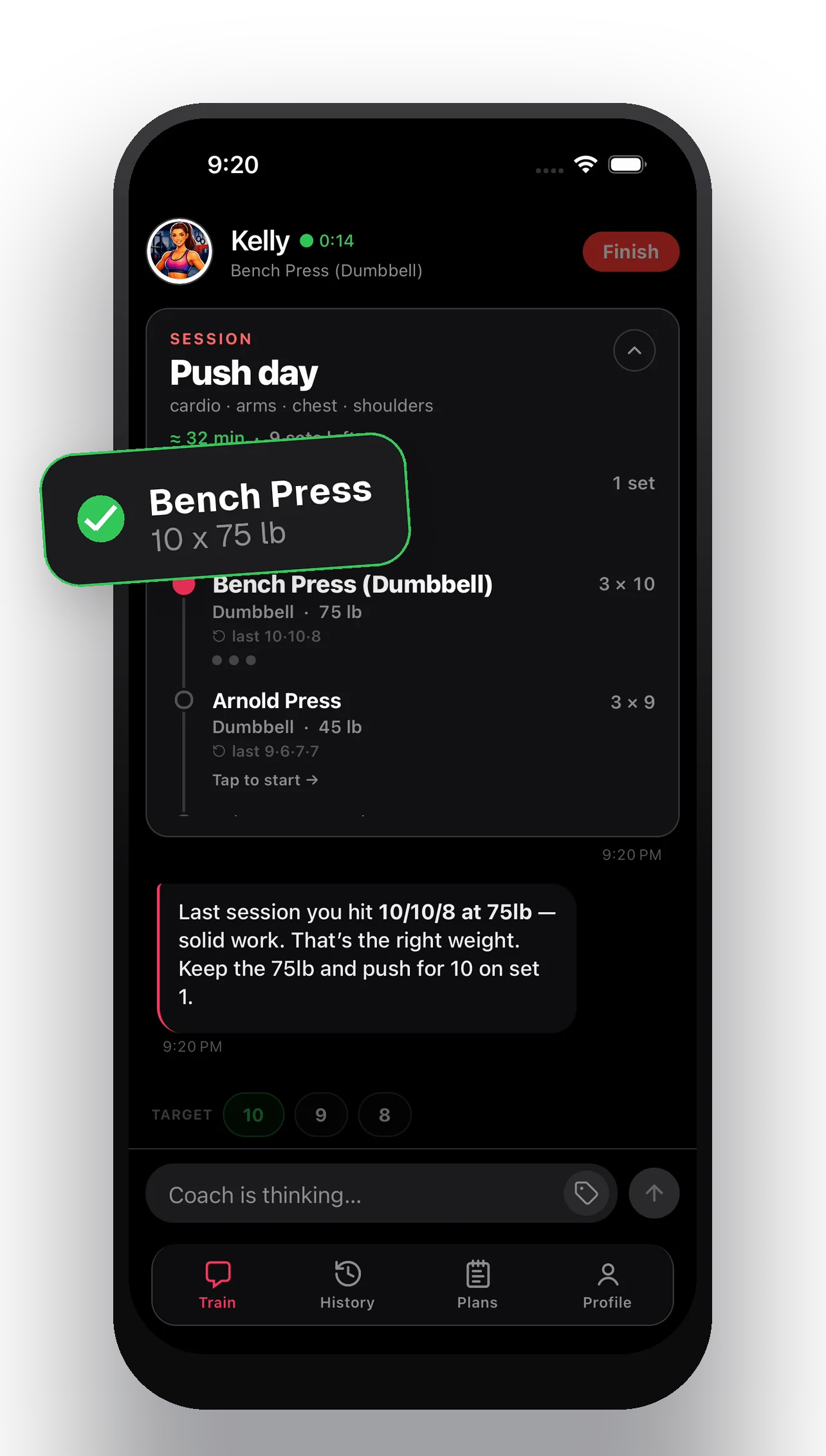 Your coach calls every set — workout route with Bench Press chip