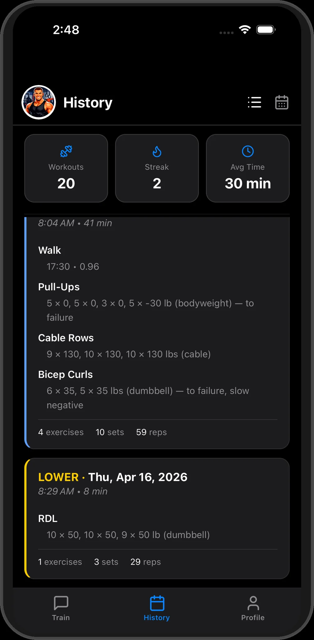 Workout history