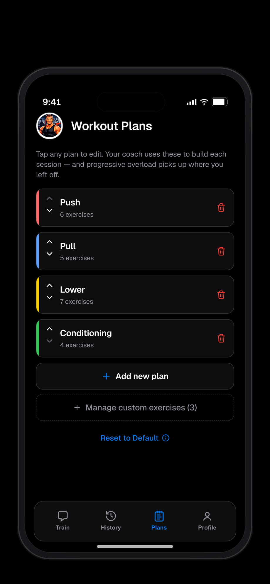Workout Plans — build your program from a library of hundreds of exercises