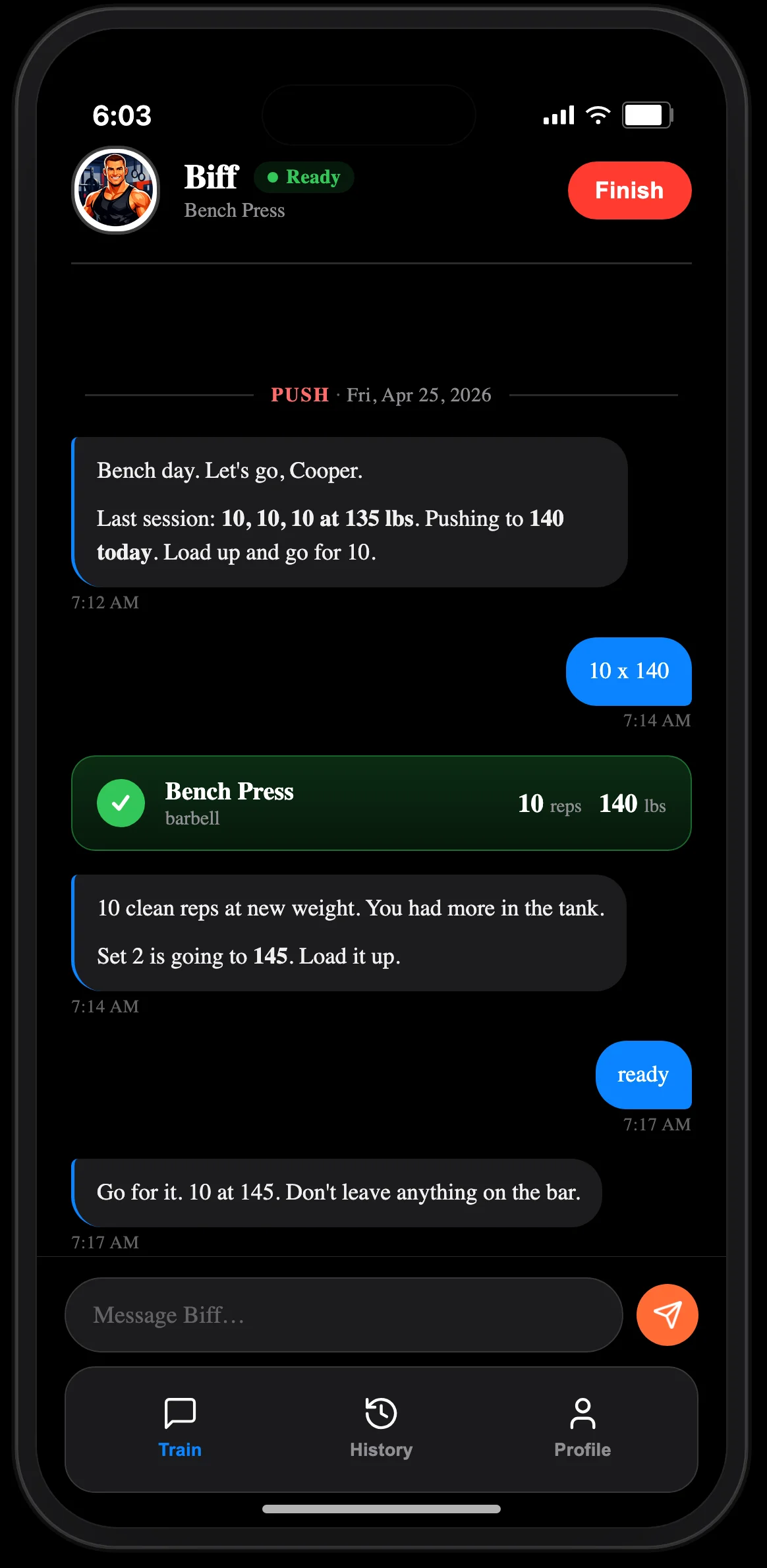 Jacked coach logging sets in real time during a workout