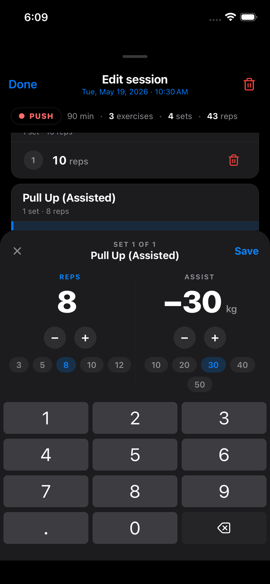 Assisted set editor — reps and assist shown as a leading minus
