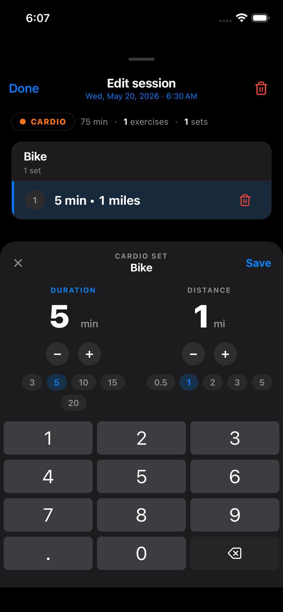 Cardio set editor — duration and distance