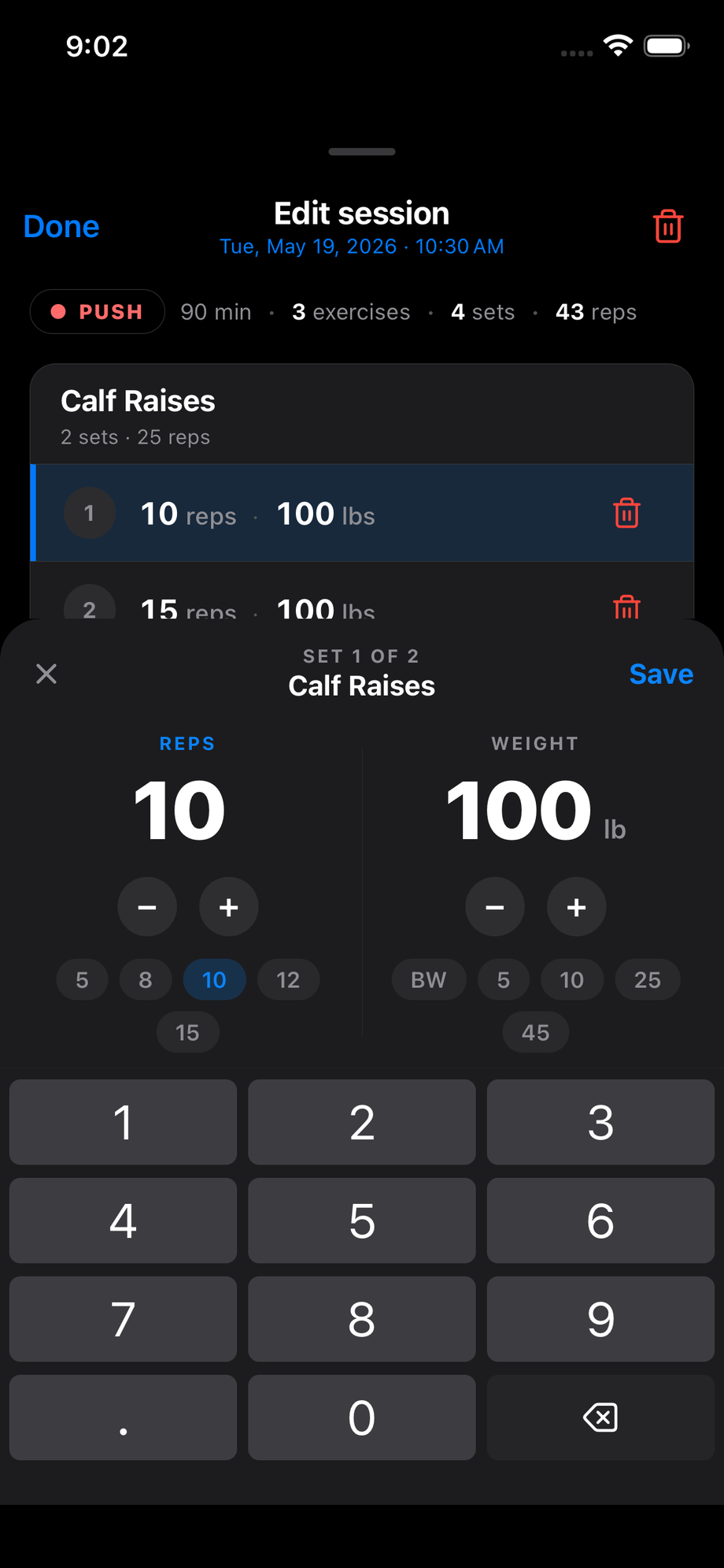 Strength set editor — reps and weight