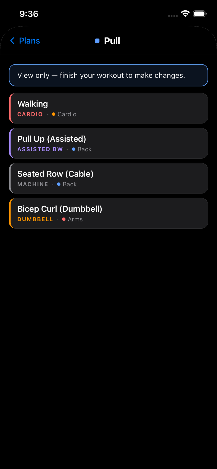 A plan's exercises, each tagged by category