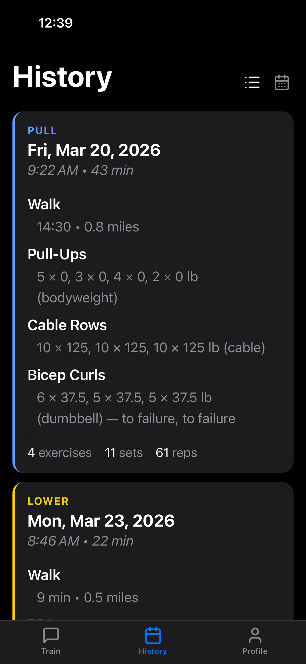 Workout history